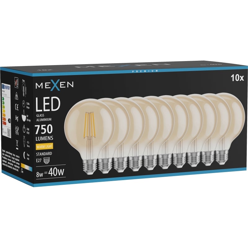 Mexen Vintis 10x Bombilla LED de filamento E27, G95, 8W, Cálida - 2700K, 750 lm, ámbar - L157-E27-0827-50x10