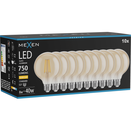 Mexen Vintis 10x Lampadina LED a filamento E27, G95, 8W, Calda - 2700K, 750 lm, ambra - L157-E27-0827-50x10