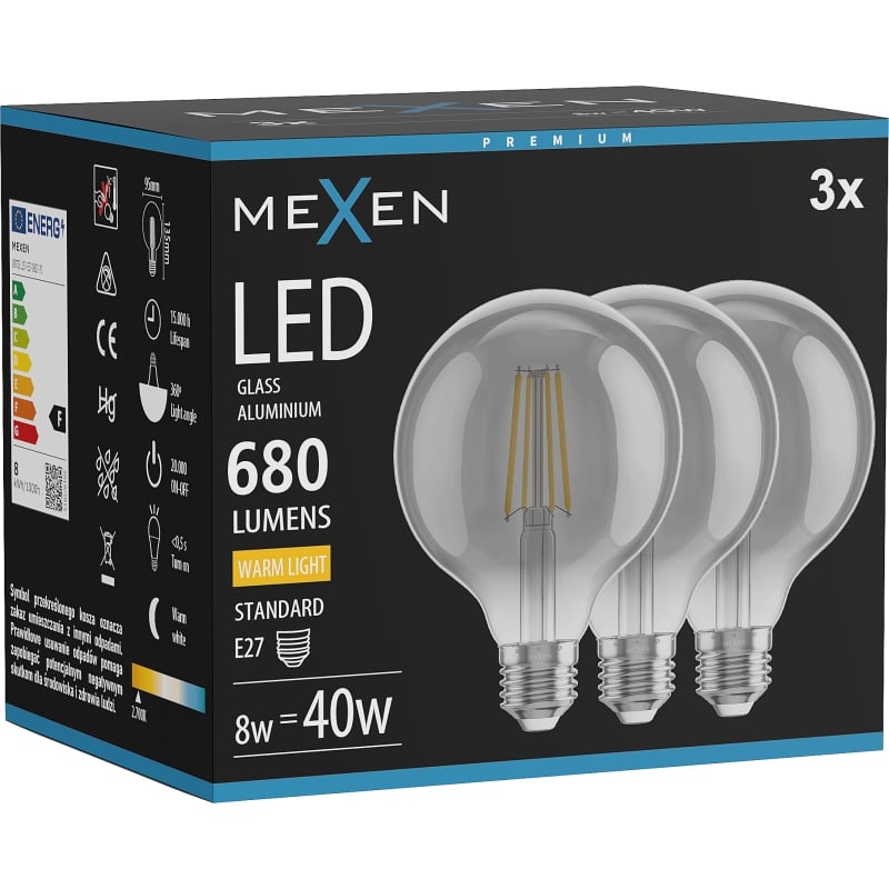 Mexen Vintis 3x Bombilla LED de filamento E27, G95, 8W, Cálida - 2700K, 680 lm, humo - L157-E27-0827-70x03