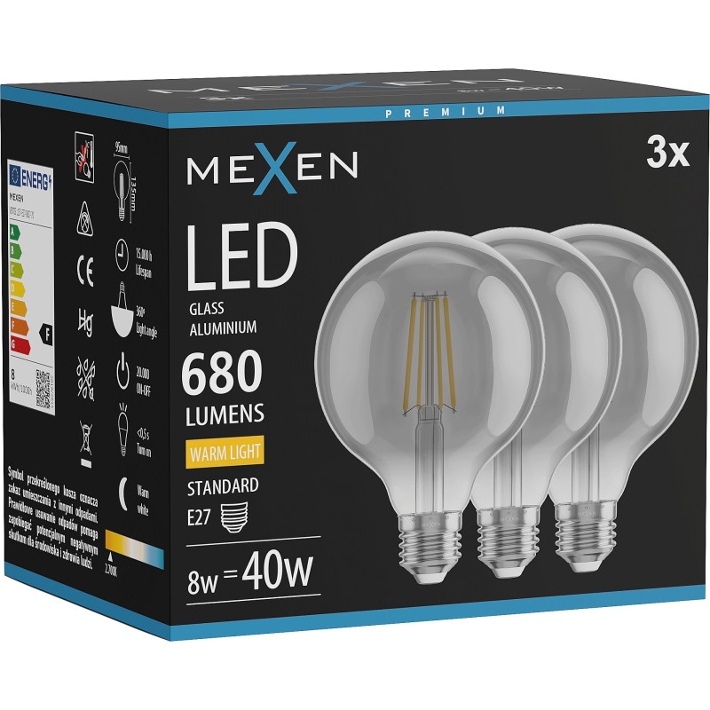 Mexen Vintis 3x Lampadina a filamento LED E27, G95, 8W, Calda - 2700K, 680 lm, fumo - L157-E27-0827-70x03