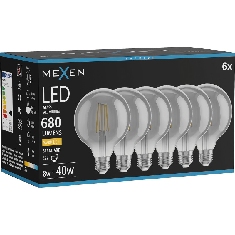 Mexen Vintis 6x bombilla LED de filamento E27, G95, 8W, Cálida - 2700K, 680 lm, humo - L157-E27-0827-70x06
