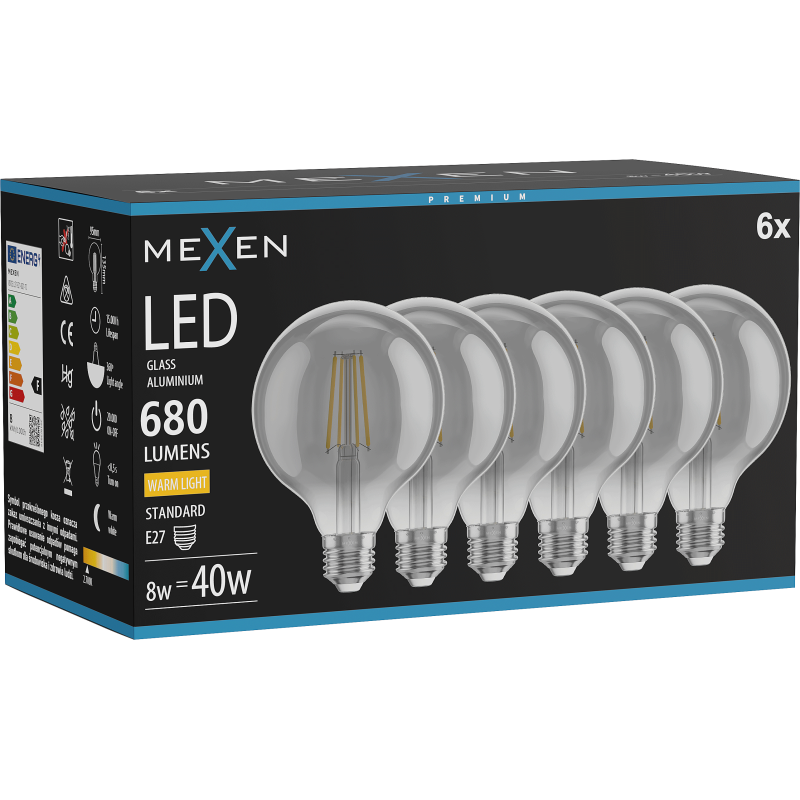Mexen Vintis 6x LED kvēlspuldze E27, G95, 8W, Silta - 2700K, 680 lm, dūmu - L157-E27-0827-70x06