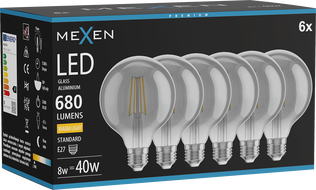 Mexen Vintis 6x LED-Filamentlampe E27, G95, 8W, Warm - 2700K, 680 lm, Smoke - L157-E27-0827-70x06