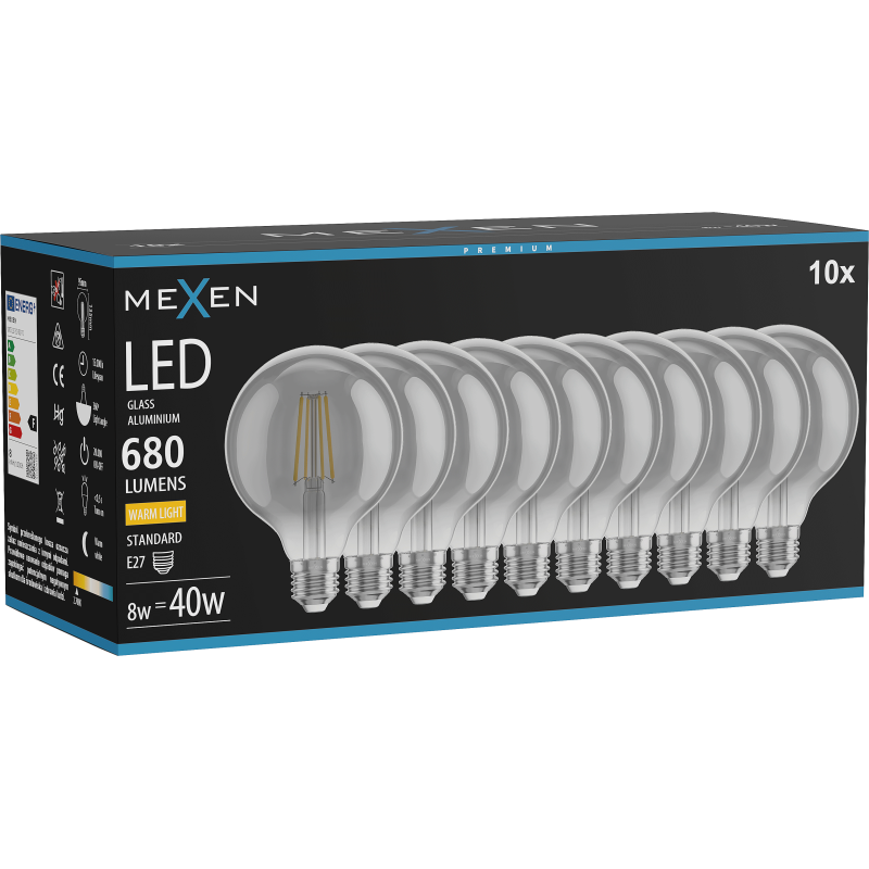 Mexen Vintis 10x LED filament žarnica E27, G95, 8W, Toplo - 2700K, 680 lm, dimna - L157-E27-0827-70x10