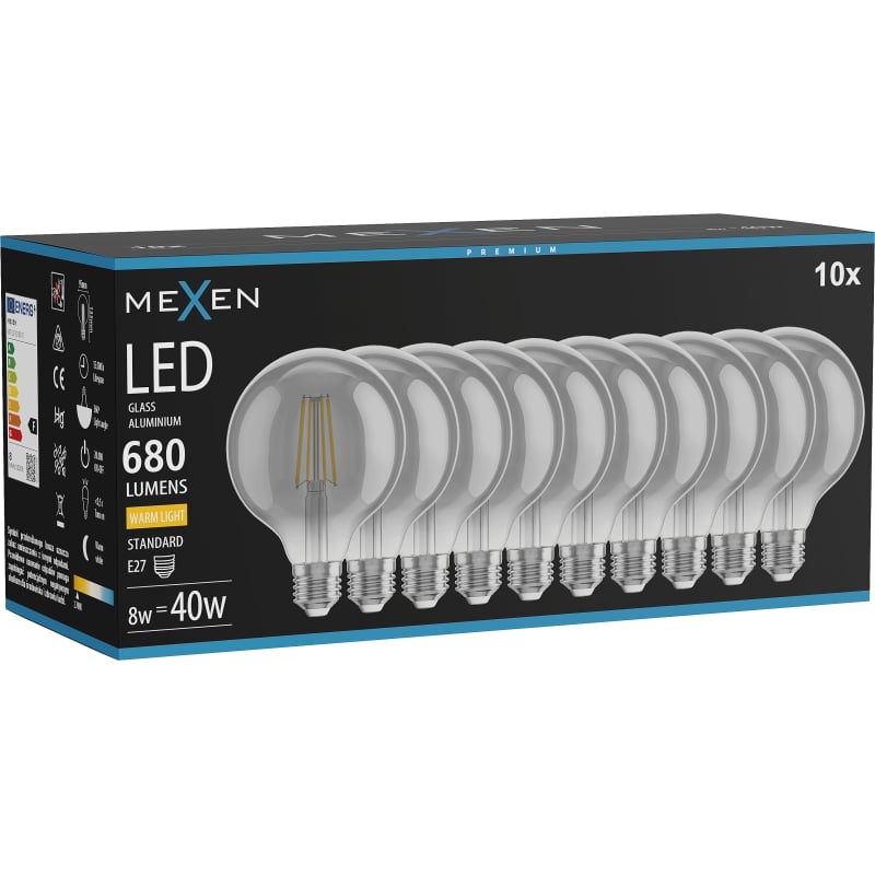 Mexen Vintis 10x LED filamentlampa E27, G95, 8W, Varm - 2700K, 680 lm, rökfärgad - L157-E27-0827-70x10