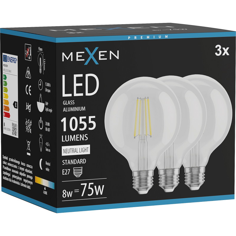 Mexen Vintis 3x Bombilla de filamento LED E27, G95, 8W, Neutra - 4000K, 1055 lm, transparente - L157-E27-0840-00x03