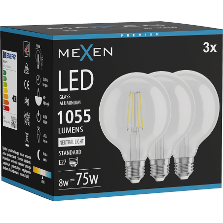 Mexen Vintis 3x LED filamentlampa E27, G95, 8W, Neutral - 4000K, 1055 lm, klar - L157-E27-0840-00x03