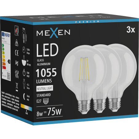 Mexen Vintis 3x LED filamentu spuldze E27, G95, 8W, Neitrāla - 4000K, 1055 lm, caurspīdīga - L157-E27-0840-00x03