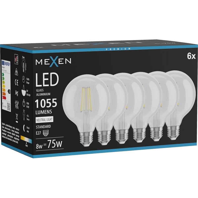 Mexen Vintis 6x LED Filament Glühbirne E27, G95, 8W, Neutral - 4000K, 1055 lm, klar - L157-E27-0840-00x06