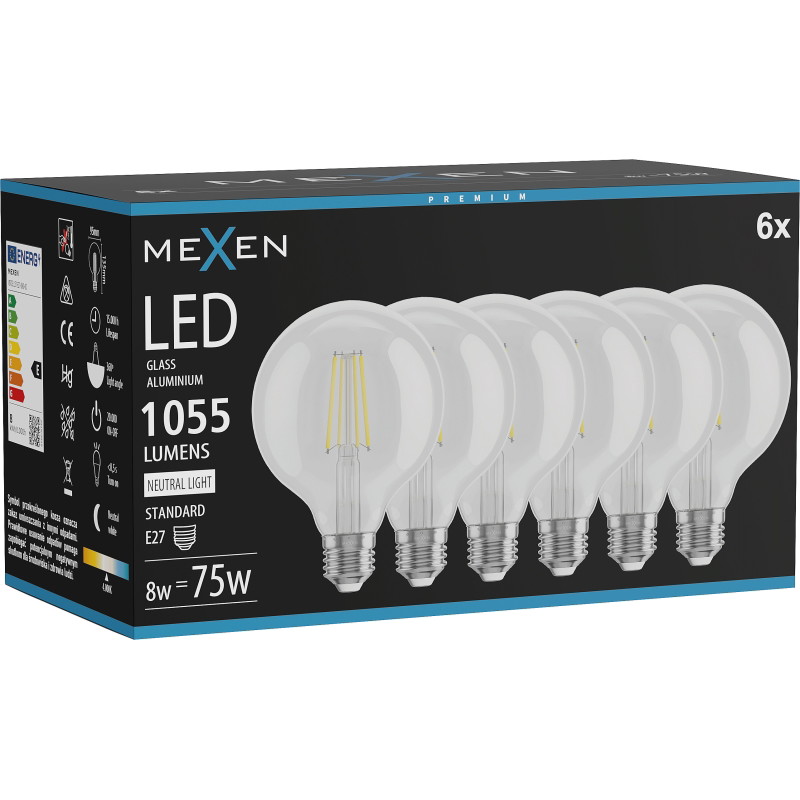 Mexen Vintis 6x LED filamentlampa E27, G95, 8W, Neutral - 4000K, 1055 lm, klar - L157-E27-0840-00x06