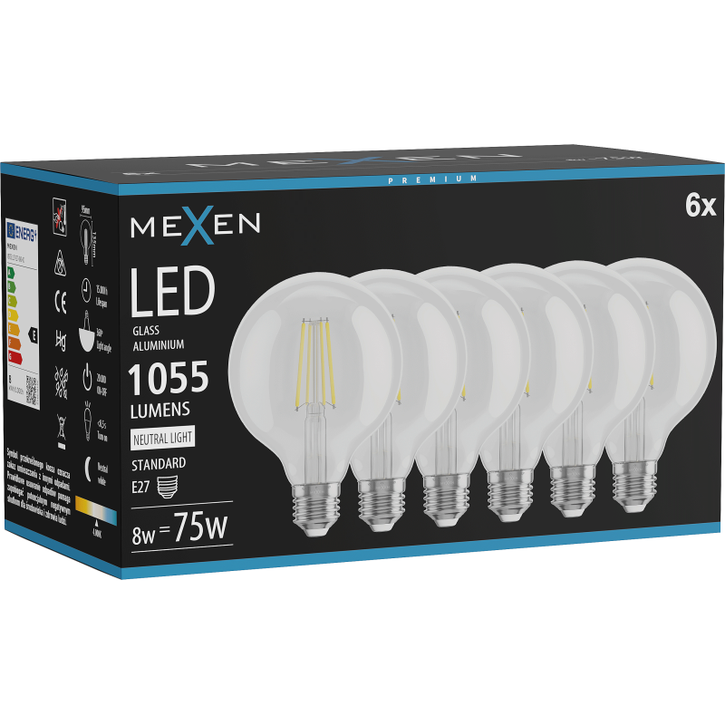 Mexen Vintis 6x LED žarnica z nitko E27, G95, 8W, Nevtralna - 4000K, 1055 lm, prozoren - L157-E27-0840-00x06