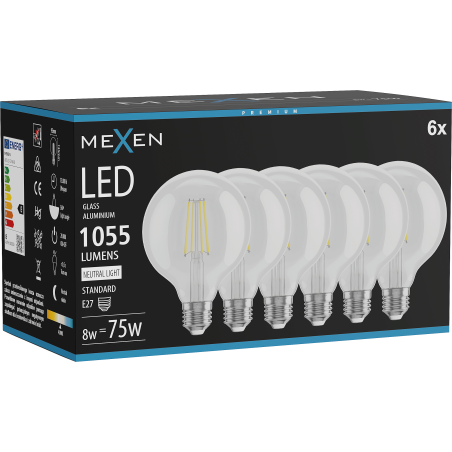 Mexen Vintis 6x LED žarnica z nitko E27, G95, 8W, Nevtralna - 4000K, 1055 lm, prozoren - L157-E27-0840-00x06