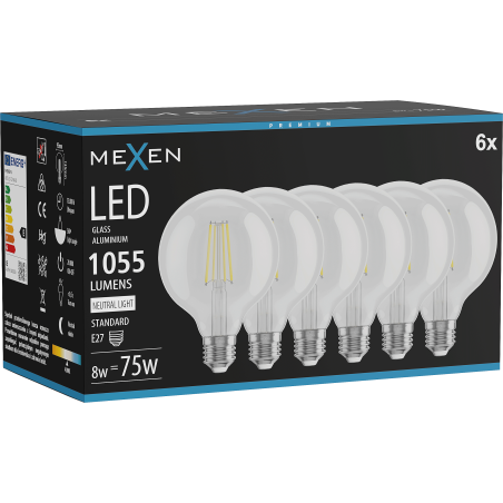 Mexen Vintis 6x żarówka filament LED E27, G95, 8W, Neutralna - 4000K, 1055 lm, clear - L157-E27-0840-00x06