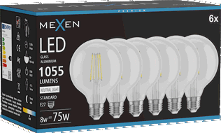 Mexen Vintis 6x LED dielektriskā spuldze E27, G95, 8W, Neitrāla - 4000K, 1055 lm, caurspīdīga - L157-E27-0840-00x06