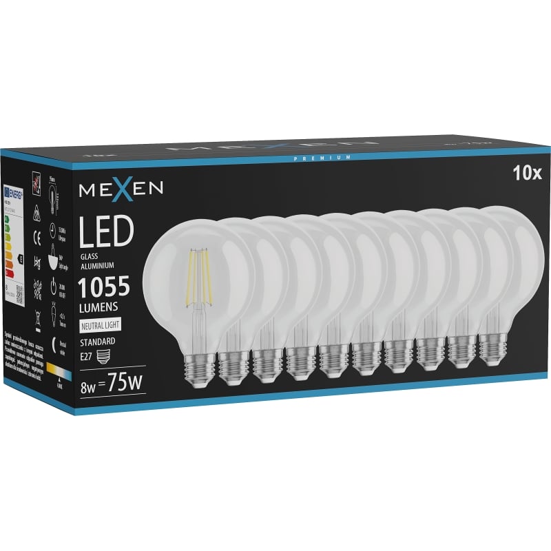 Mexen Vintis 10x LED-Filamentlampe E27, G95, 8W, Neutral - 4000K, 1055 lm, klar - L157-E27-0840-00x10