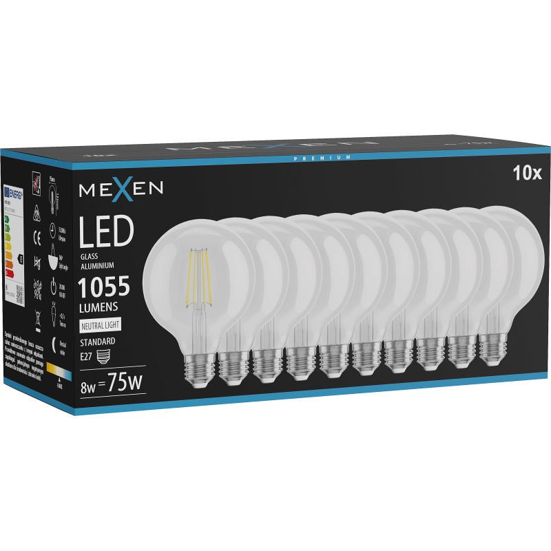Mexen Vintis 10x LED šķiedras spuldze E27, G95, 8W, Neitrāla - 4000K, 1055 lm, caurspīdīga - L157-E27-0840-00x10
