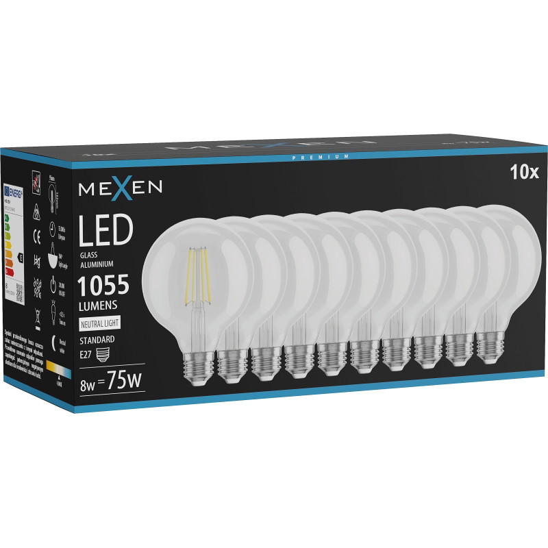 Mexen Vintis 10x żarówka filament LED E27, G95, 8W, Neutralna - 4000K, 1055 lm, clear - L157-E27-0840-00x10