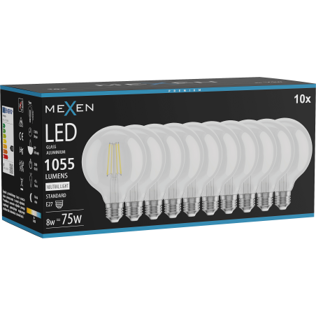 Mexen Vintis 10x LED filamentlampa E27, G95, 8W, Neutral - 4000K, 1055 lm, klar - L157-E27-0840-00x10