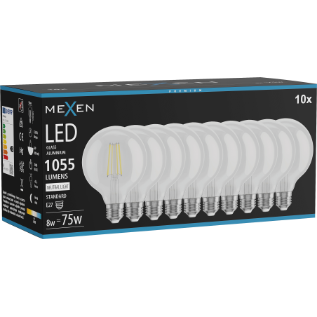 Mexen Vintis 10x LED šķiedras spuldze E27, G95, 8W, Neitrāla - 4000K, 1055 lm, caurspīdīga - L157-E27-0840-00x10