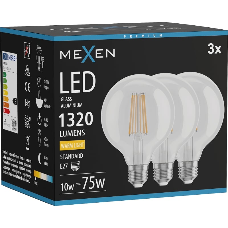 Mexen Vintis 3x Lampadina a filamento LED E27, G95, 10W, Calda - 2700K, 1320 lm, trasparente - L157-E27-1027-00x03