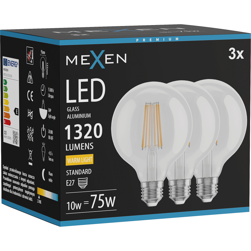 Mexen Vintis 3x LED pavediena spuldze E27, G95, 10W, Silta - 2700K, 1320 lm, caurspīdīgs - L157-E27-1027-00x03