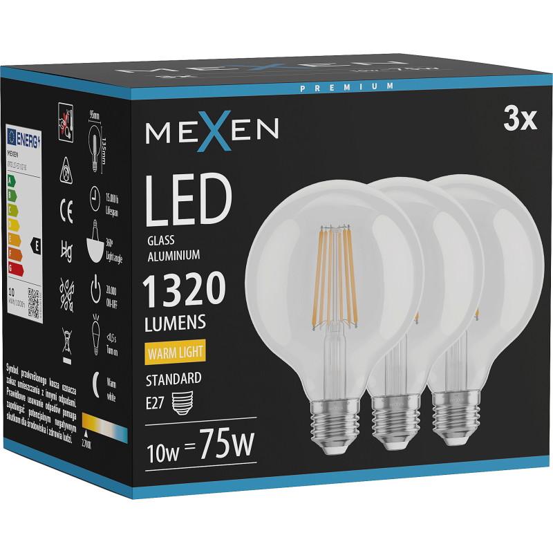 Mexen Vintis 3x żarówka filament LED E27, G95, 10W, Ciepła - 2700K, 1320 lm, clear - L157-E27-1027-00x03
