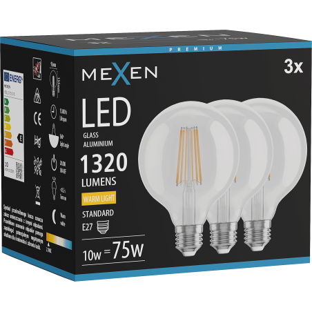 Mexen Vintis 3x LED filamentlampa E27, G95, 10W, Varm - 2700K, 1320 lm, klar - L157-E27-1027-00x03