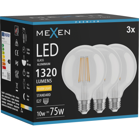 Mexen Vintis 3x LED pavediena spuldze E27, G95, 10W, Silta - 2700K, 1320 lm, caurspīdīgs - L157-E27-1027-00x03