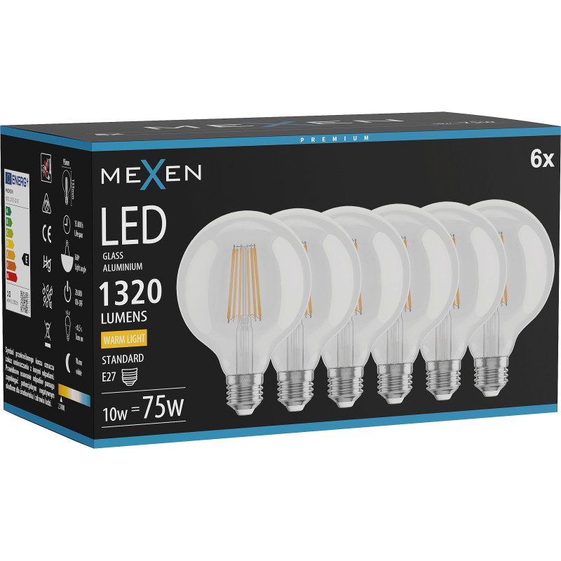 Mexen Vintis 6x LED filamentlamp E27, G95, 10W, Warm - 2700K, 1320 lm, helder - L157-E27-1027-00x06
