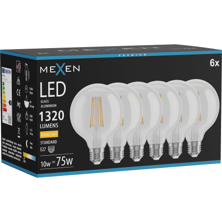 Mexen Vintis 6x LED filamentlamp E27, G95, 10W, Warm - 2700K, 1320 lm, helder - L157-E27-1027-00x06