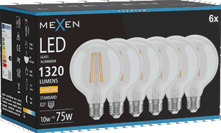 Mexen Vintis 6x LED E27 kvēldiega spuldze, G95, 10W, Silta - 2700K, 1320 lm, caurspīdīga - L157-E27-1027-00x06