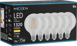 Mexen Vintis 6x LED filament lamp E27, G95, 10W, Soe - 2700K, 1320 lm, läbipaistev - L157-E27-1027-00x06