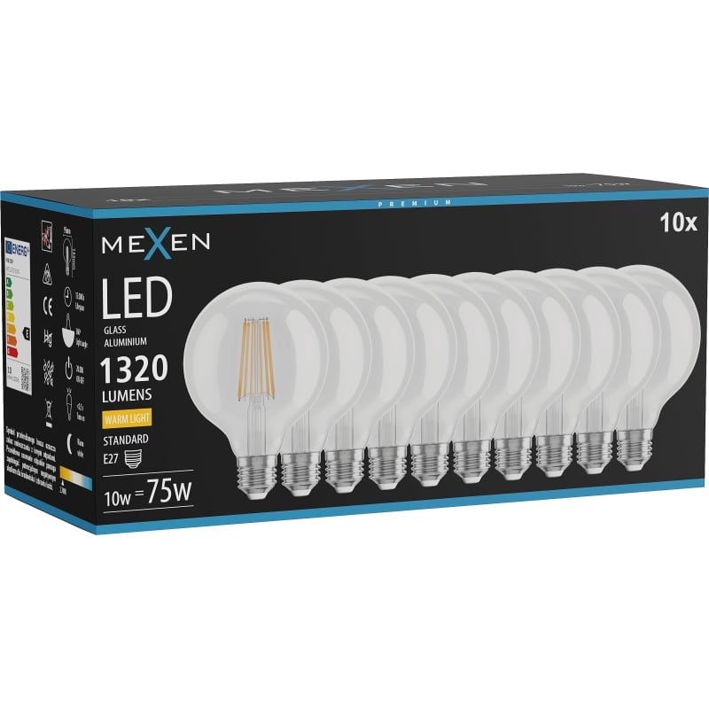 Mexen Vintis 10x lampadina a filamento LED E27, G95, 10W, Calda - 2700K, 1320 lm, trasparente - L157-E27-1027-00x10