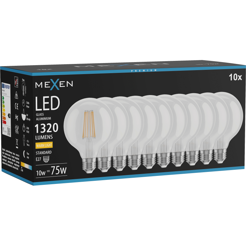 Mexen Vintis 10x LED E27 vītņspuldzes, G95, 10W, Silta - 2700K, 1320 lm, caurspīdīga - L157-E27-1027-00x10