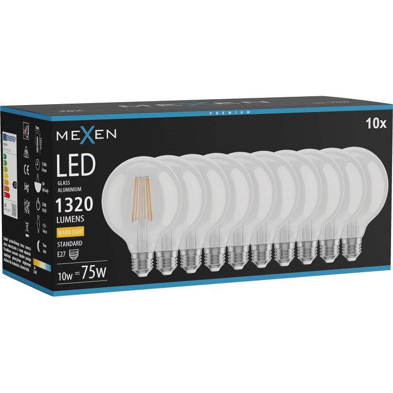 Mexen Vintis 10x LED-hehkulanka E27, G95, 10W, Lämmin - 2700K, 1320 lm, kirkas - L157-E27-1027-00x10