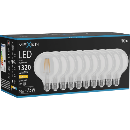 Mexen Vintis 10x LED-filamentlampa E27, G95, 10W, Varm - 2700K, 1320 lm, klar - L157-E27-1027-00x10