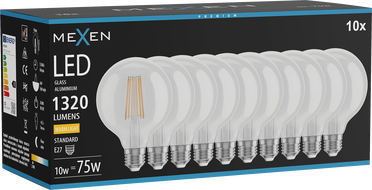 Mexen Vintis 10x LED filament žarnica E27, G95, 10W, Topla - 2700K, 1320 lm, prozorna - L157-E27-1027-00x10