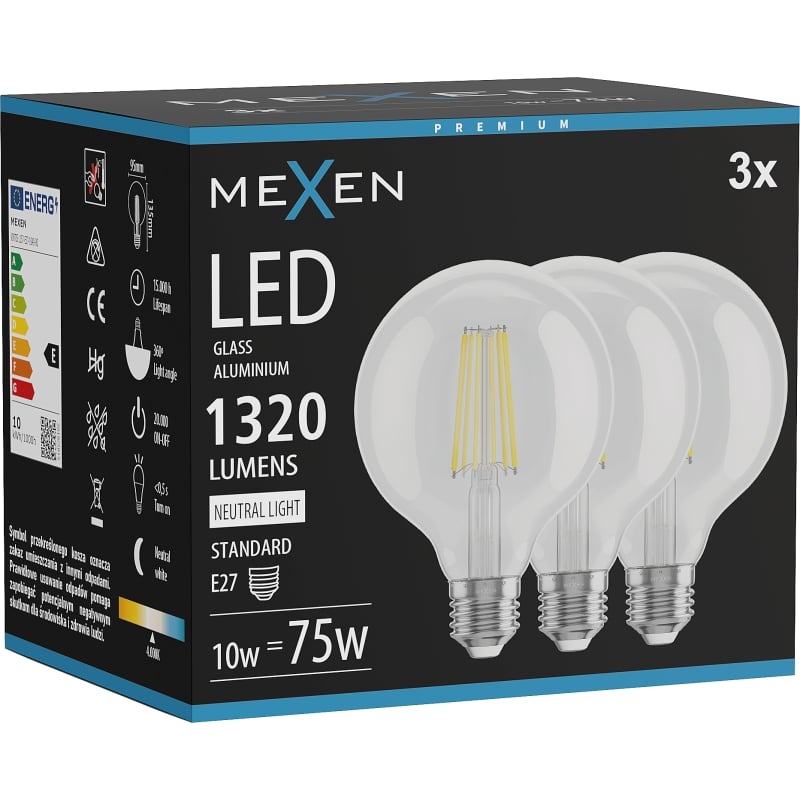Mexen Vintis 3x LED-filamentlampa E27, G95, 10W, Neutral - 4000K, 1320 lm, klar - L157-E27-1040-00x03
