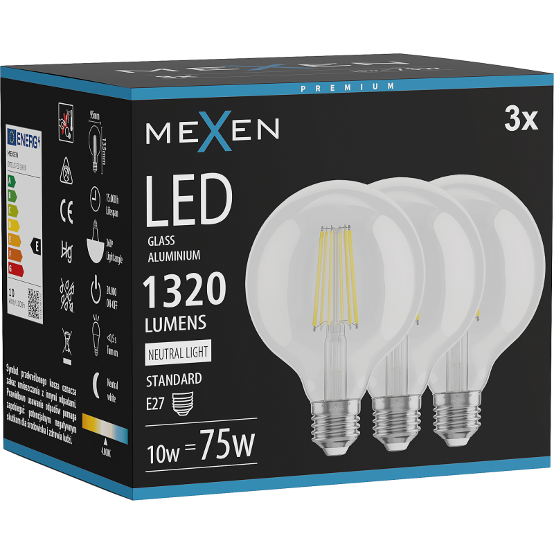 Mexen Vintis 3x LED-Filamentlampe E27, G95, 10W, Neutral - 4000K, 1320 lm, klar - L157-E27-1040-00x03