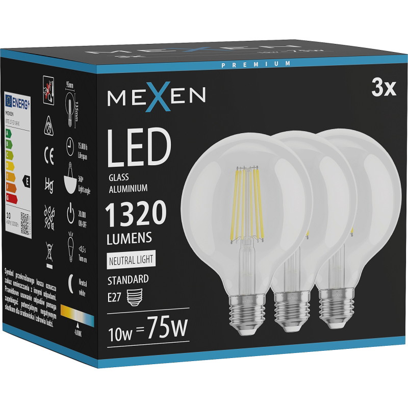 Mexen Vintis 3x LED-filamenttilamppu E27, G95, 10W, Neutraali - 4000K, 1320 lm, kirkas - L157-E27-1040-00x03