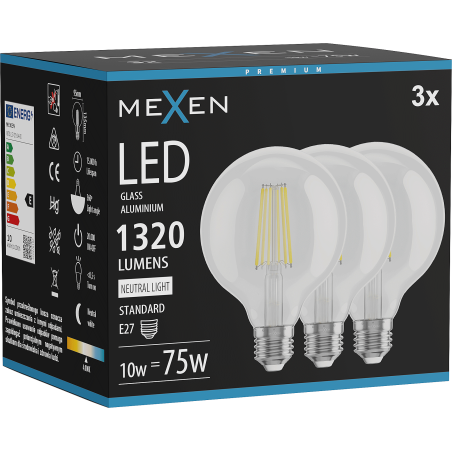 Mexen Vintis 3x LED-Filamentlampe E27, G95, 10W, Neutral - 4000K, 1320 lm, klar - L157-E27-1040-00x03