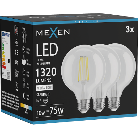 Mexen Vintis 3x żarówka filament LED E27, G95, 10W, Neutralna - 4000K, 1320 lm, clear - L157-E27-1040-00x03