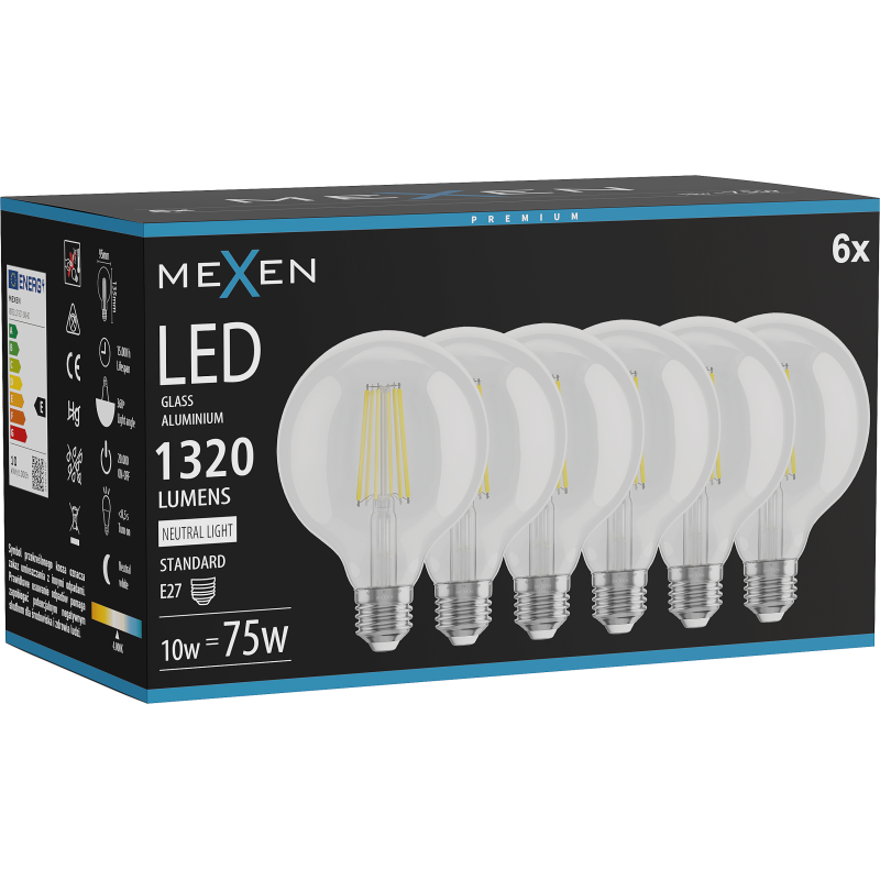 Mexen Vintis 6x LED filamenta spuldze E27, G95, 10W, Neitrāla - 4000K, 1320 lm, caurspīdīga - L157-E27-1040-00x06