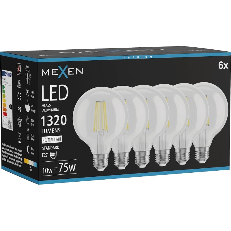 Mexen Vintis 6x LED-filamentlampa E27, G95, 10W, Neutral - 4000K, 1320 lm, klar - L157-E27-1040-00x06