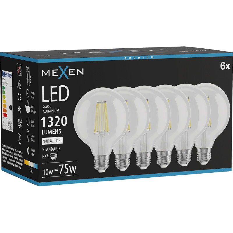 Mexen Vintis 6x LED-filamenttilamppu E27, G95, 10W, Neutraali - 4000K, 1320 lm, kirkas - L157-E27-1040-00x06