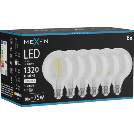 Mexen Vintis 6x LED filamenta spuldze E27, G95, 10W, Neitrāla - 4000K, 1320 lm, caurspīdīga - L157-E27-1040-00x06