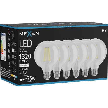 Mexen Vintis 6x żarówka filament LED E27, G95, 10W, Neutralna - 4000K, 1320 lm, clear - L157-E27-1040-00x06