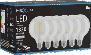 Mexen Vintis 6x LED filamenta spuldze E27, G95, 10W, Neitrāla - 4000K, 1320 lm, caurspīdīga - L157-E27-1040-00x06