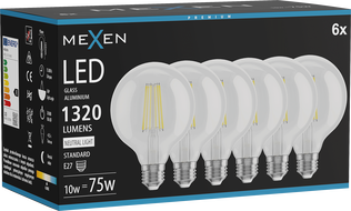 Mexen Vintis 6x LED-filamentlambipirn E27, G95, 10W, Neutraalne - 4000K, 1320 lm, läbipaistev - L157-E27-1040-00x06