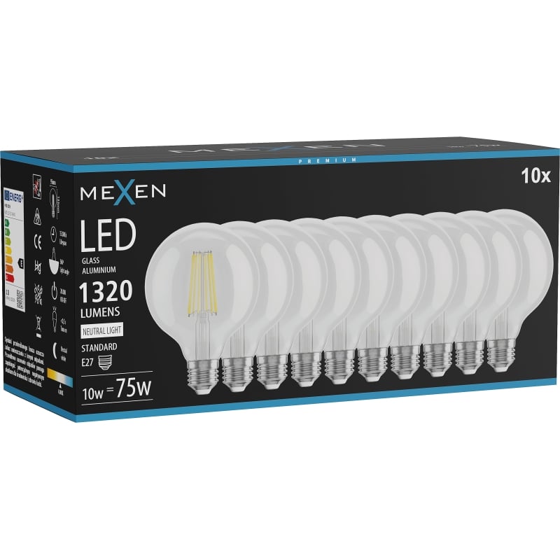 Mexen Vintis 10x lampadina a filamento LED E27, G95, 10W, Neutra - 4000K, 1320 lm, trasparente - L157-E27-1040-00x10